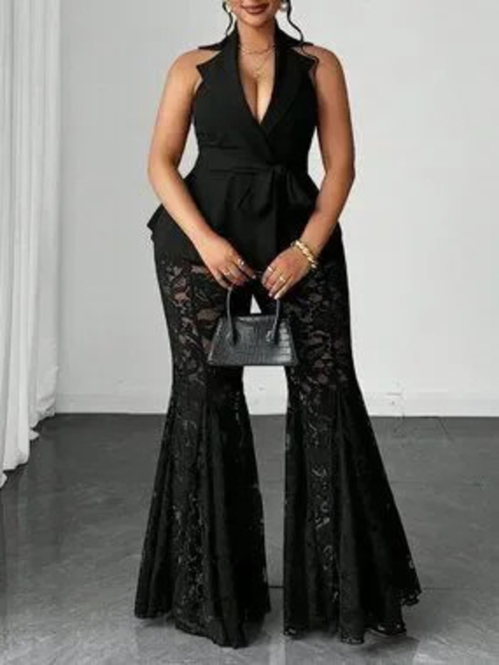 Black Elegant Women's Plus Size Blazer & Lace Flare Pants